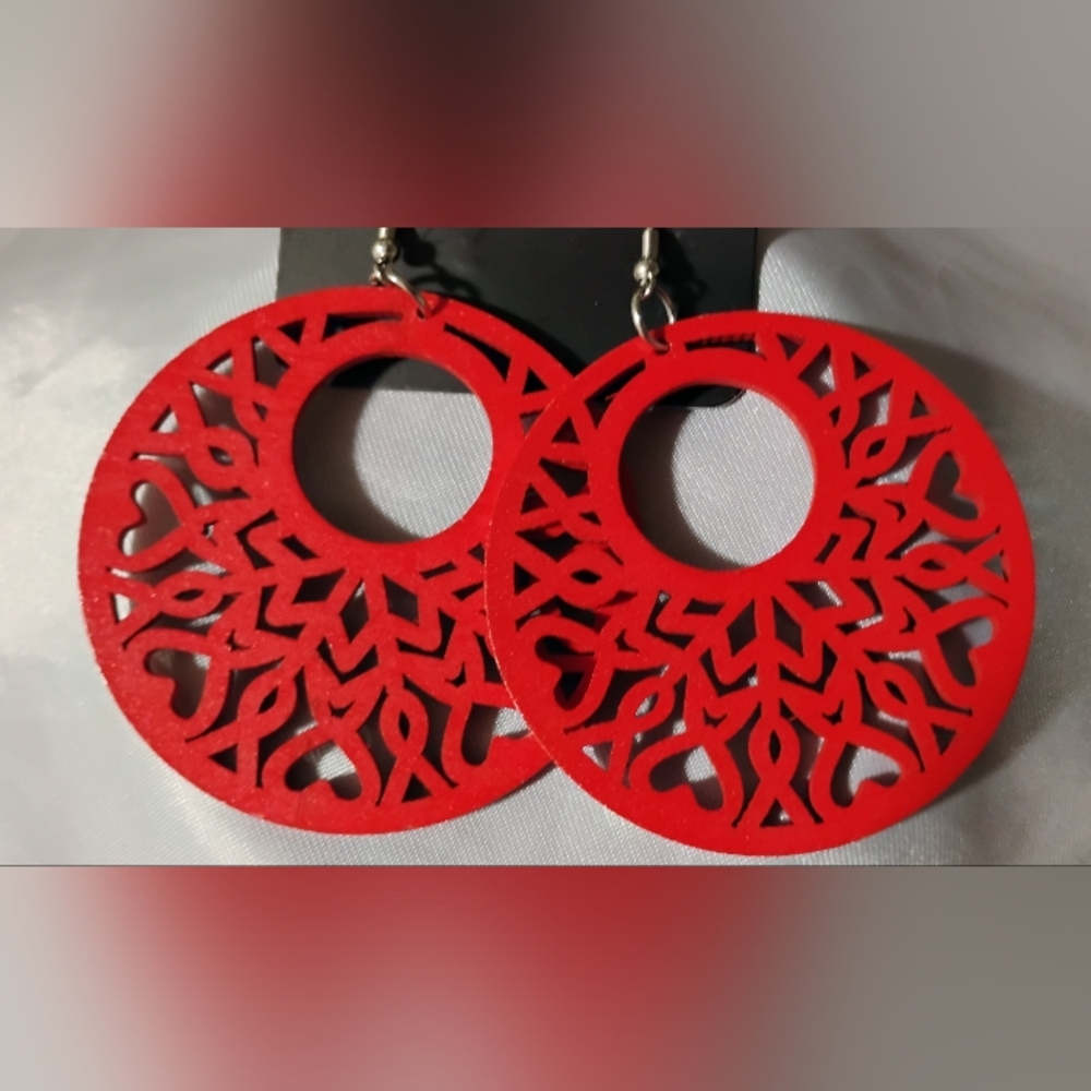Red Filigree Wooden Circle Earrings